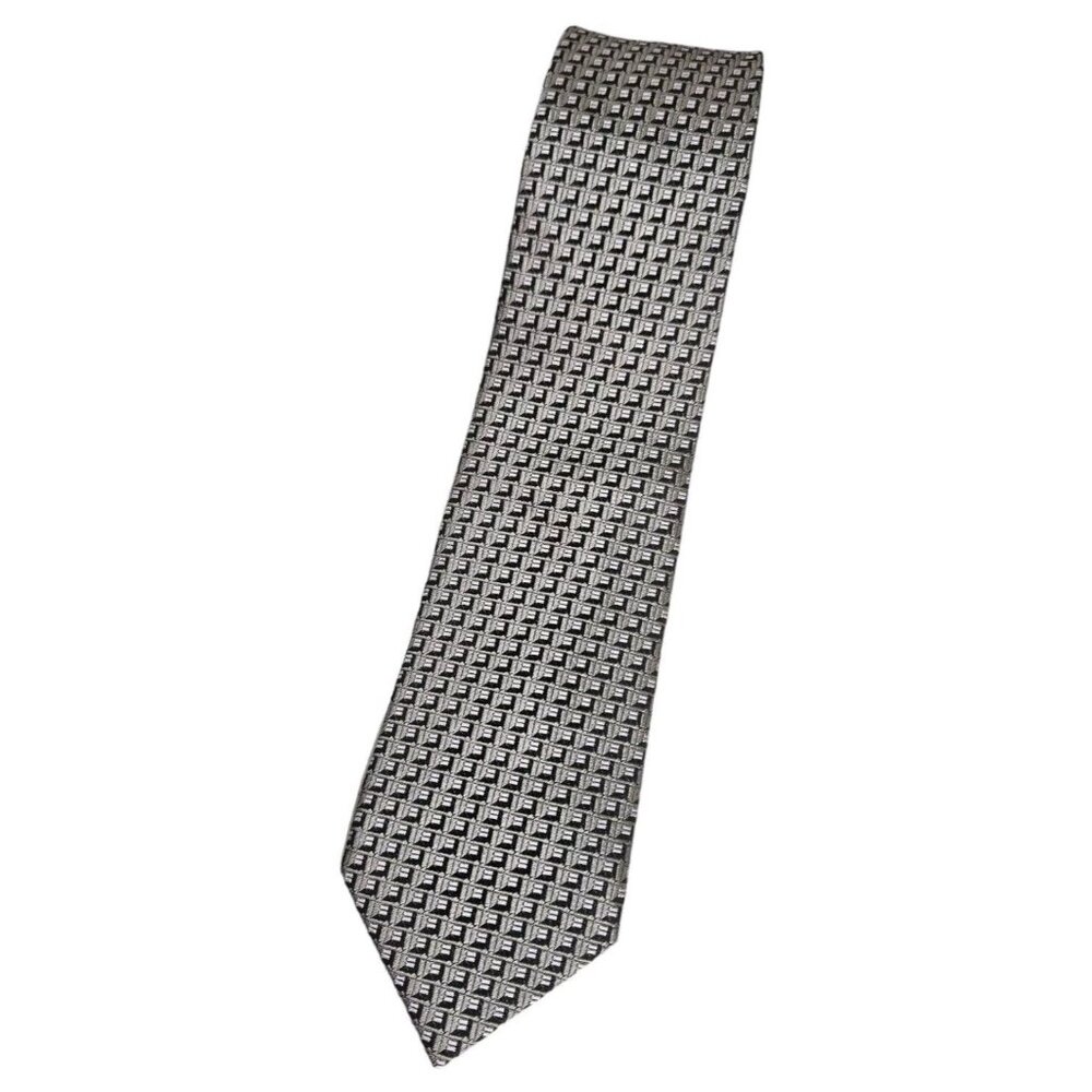 LANVIN Men's 100% Silk Necktie LUXURY Tie Gray Geometric W:2.7" EUC